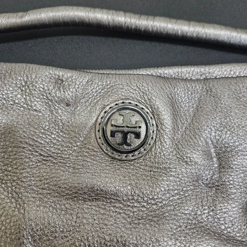 Tory Burch Metallic Gray Pebbled Leather Hobo Shoulder Bag Messenger Everyday